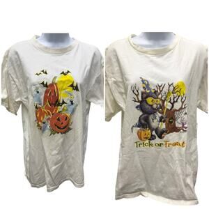 2 VTG 90's Halloween T Shirts SZ L South Point Black Cat Jack O Lantern Bat FLAW